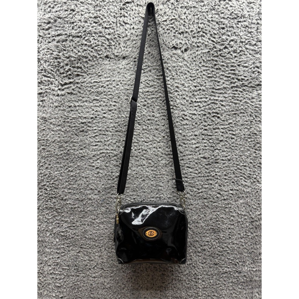 Vintage 80's Gucci Women's Monogram Logo Leather Crossbody Bag Black‎ Gold